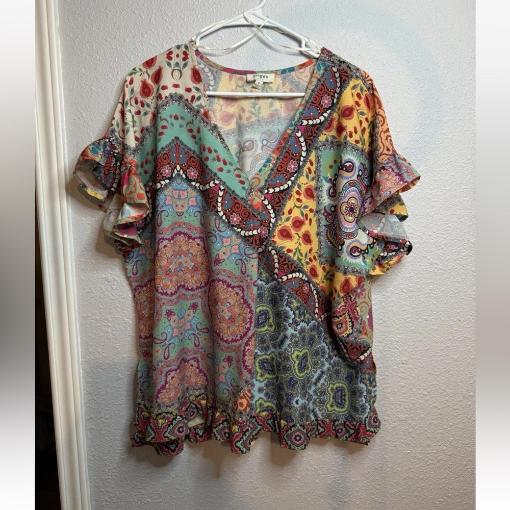 Umgee Women's Multicolor Medium Blouse Patch Style Vibrant Women's Top
